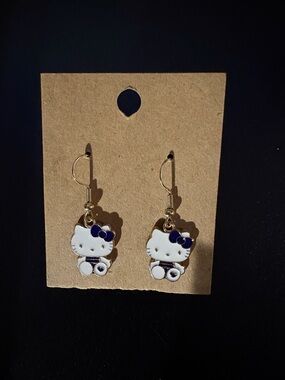 Hello Kitty Style White & Navy Cat Dangle Earrings for Kids